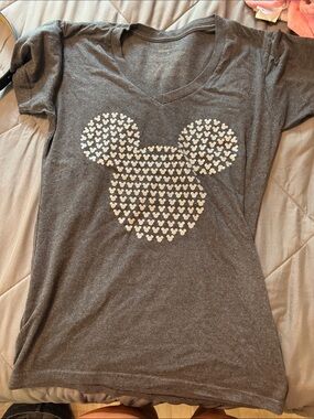 Disney Charcoal V-Neck Tee with White Mickey Head Pattern